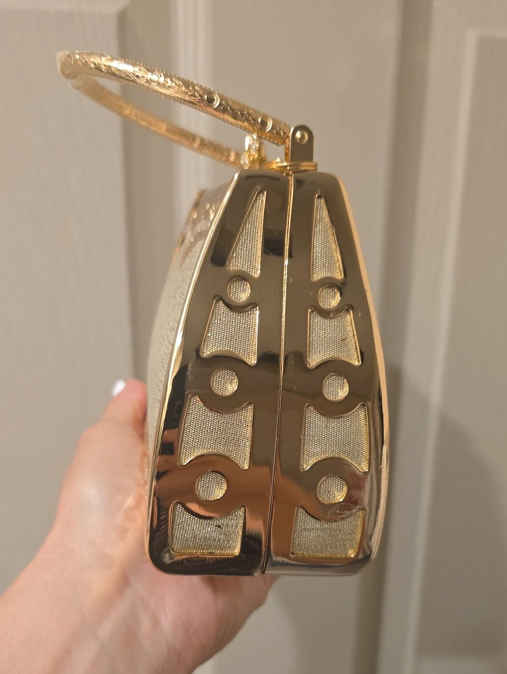 Gold Evening Top-Handle Clutch with Rhinestone Heart Accent